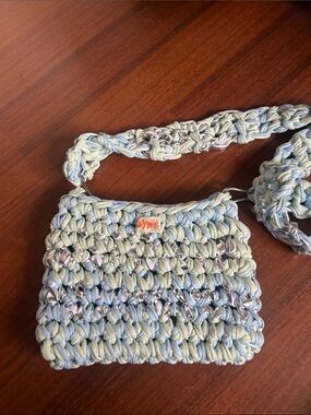 Handwoven Pastel Blue & Cream Crochet Shoulder Bag